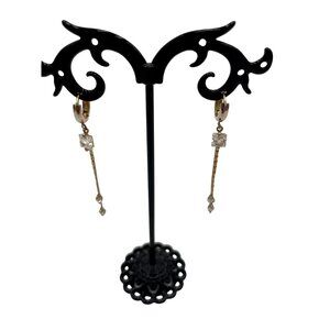 Gold-Toned Dangling Drop Earrings With Clear Square & Teardrop Accents For Women